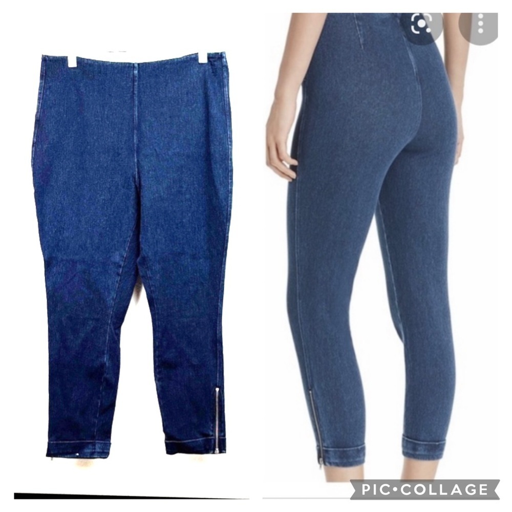 Lysse cropped blue stretch denim pull on jeggings pants cuffed ankle zipper EUC